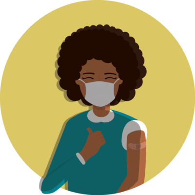 Black woman wearing face mask with sleeve up, bandage from vaccination, giving thumbs up