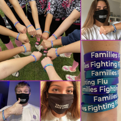 collage of people wearing face masks and flu fighter bracelets